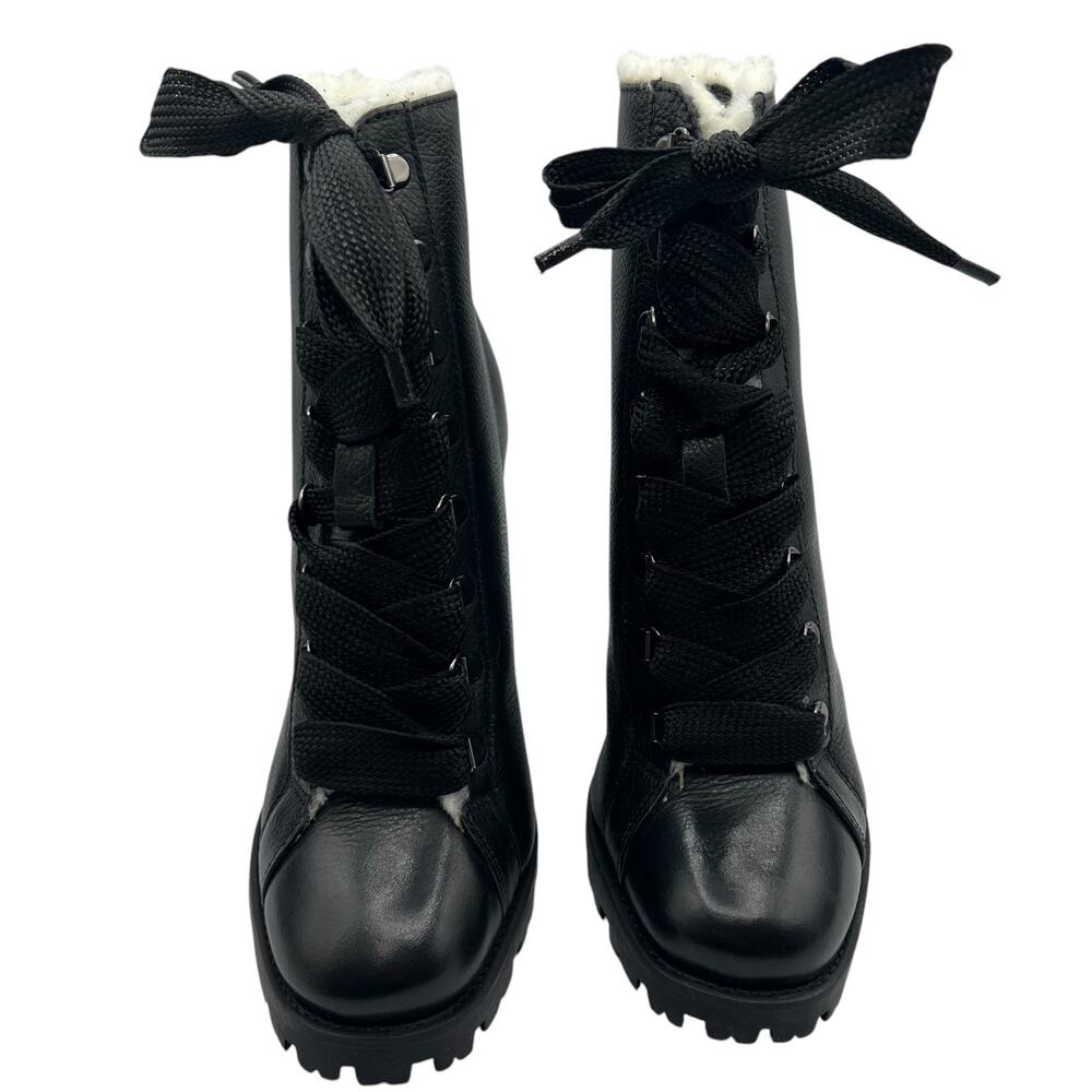 Schutz Womens 8.5 Zhara Leather Boots Black Lace Up Faux Fur Combat Lug 4.25 " - Picture 2 of 10